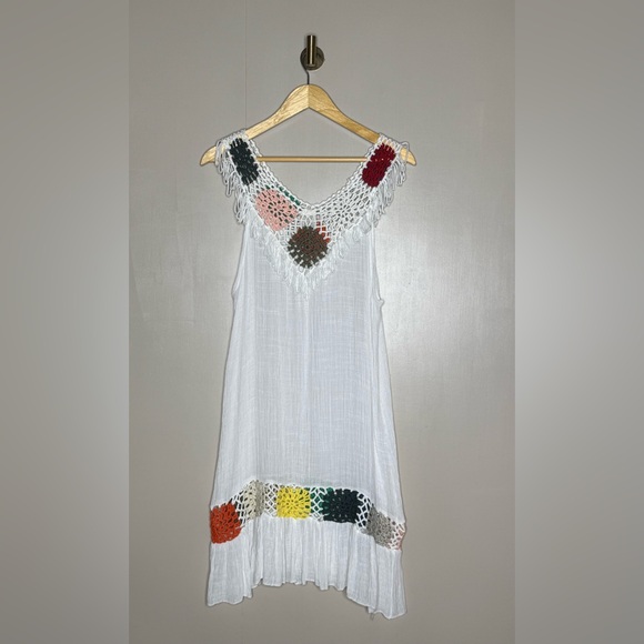 Boho Crochet Trim Sheer Swim Cover Up Dress Fringe Granny Square OS - Picture 2 of 9